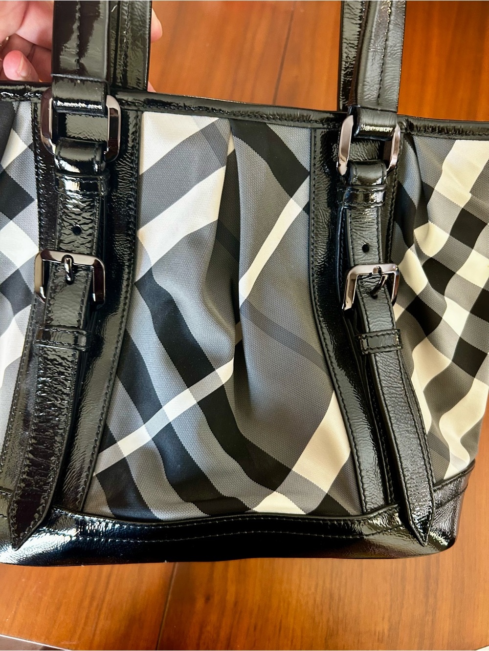 Burberry Black, Gray and White Plaid Leather-Trim Tote - Picture 5 of 10
